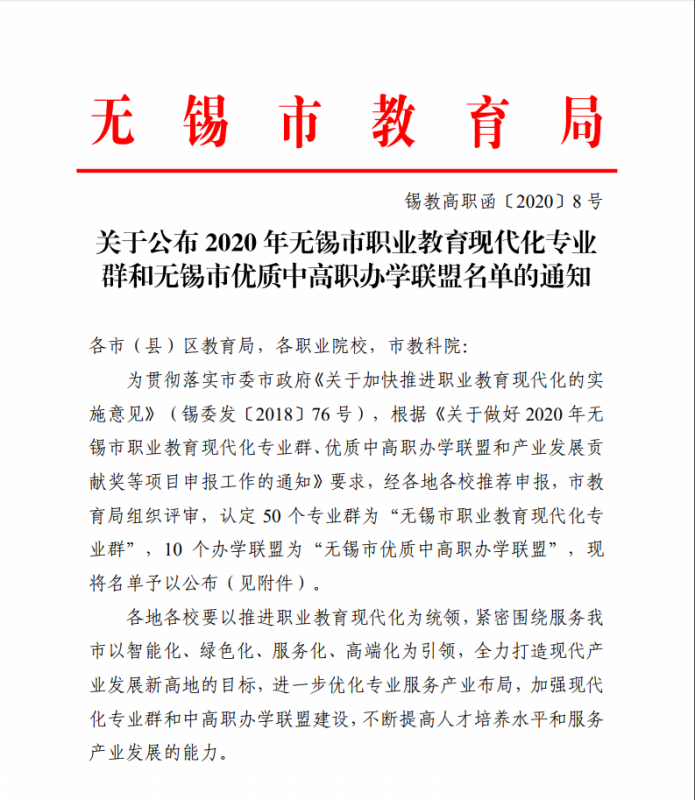 喜报:我校两个专业群获评无锡市职业教育现代化专业群